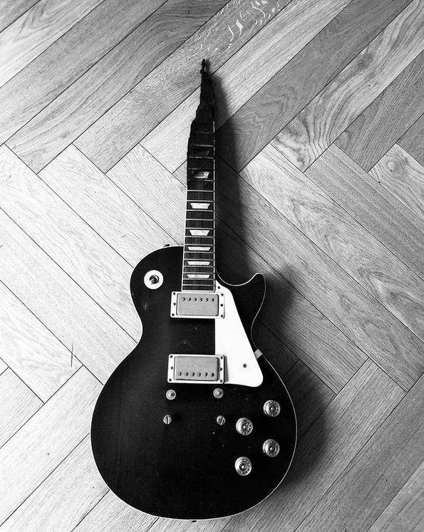 A fire-damaged guitar