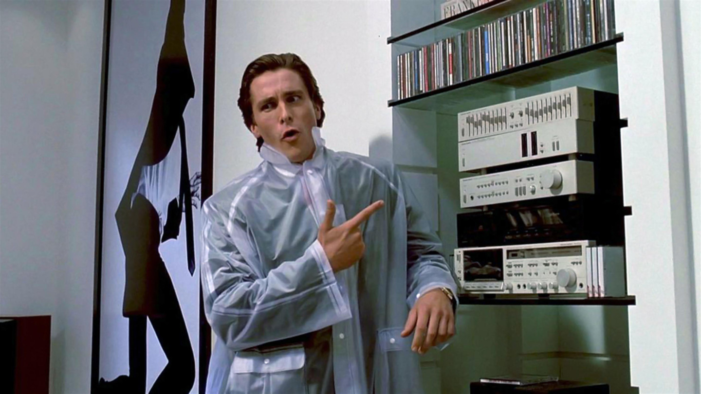 Patrick Bateman pointing at his stereo